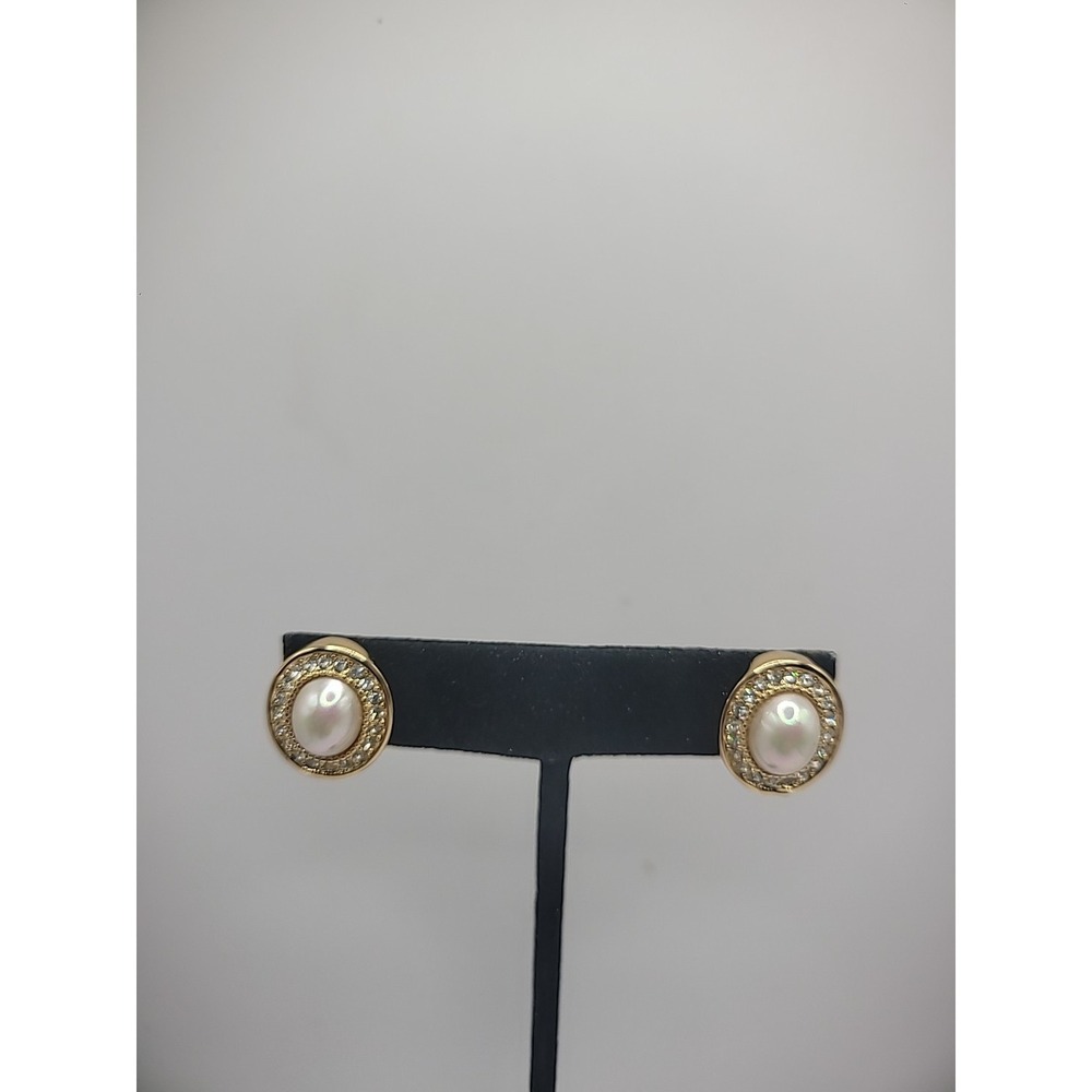 Vintage Earrings Pierced Post Stud Gold Tone Crystals White Faux Cabochon